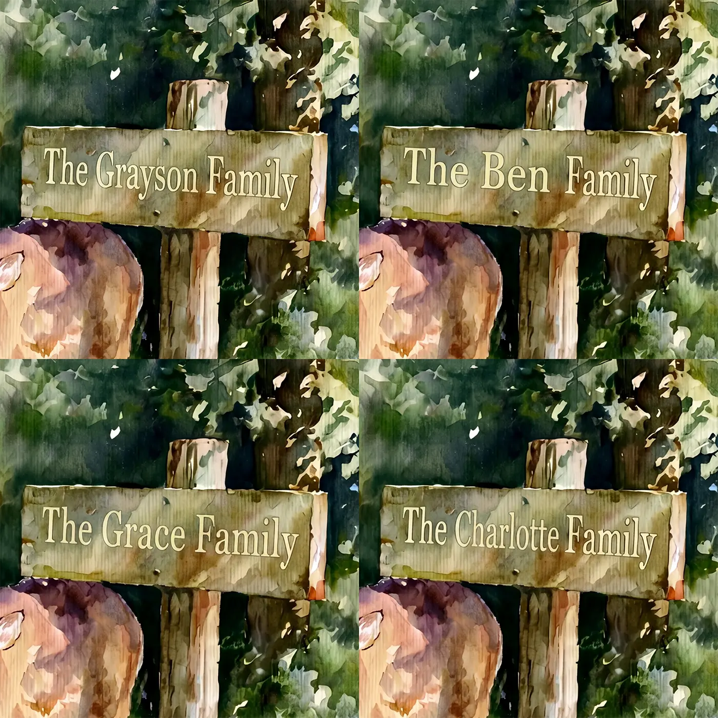 Four name preview examples of Deer Family Signpost Personalized Wall Mural by Whimsy Tots