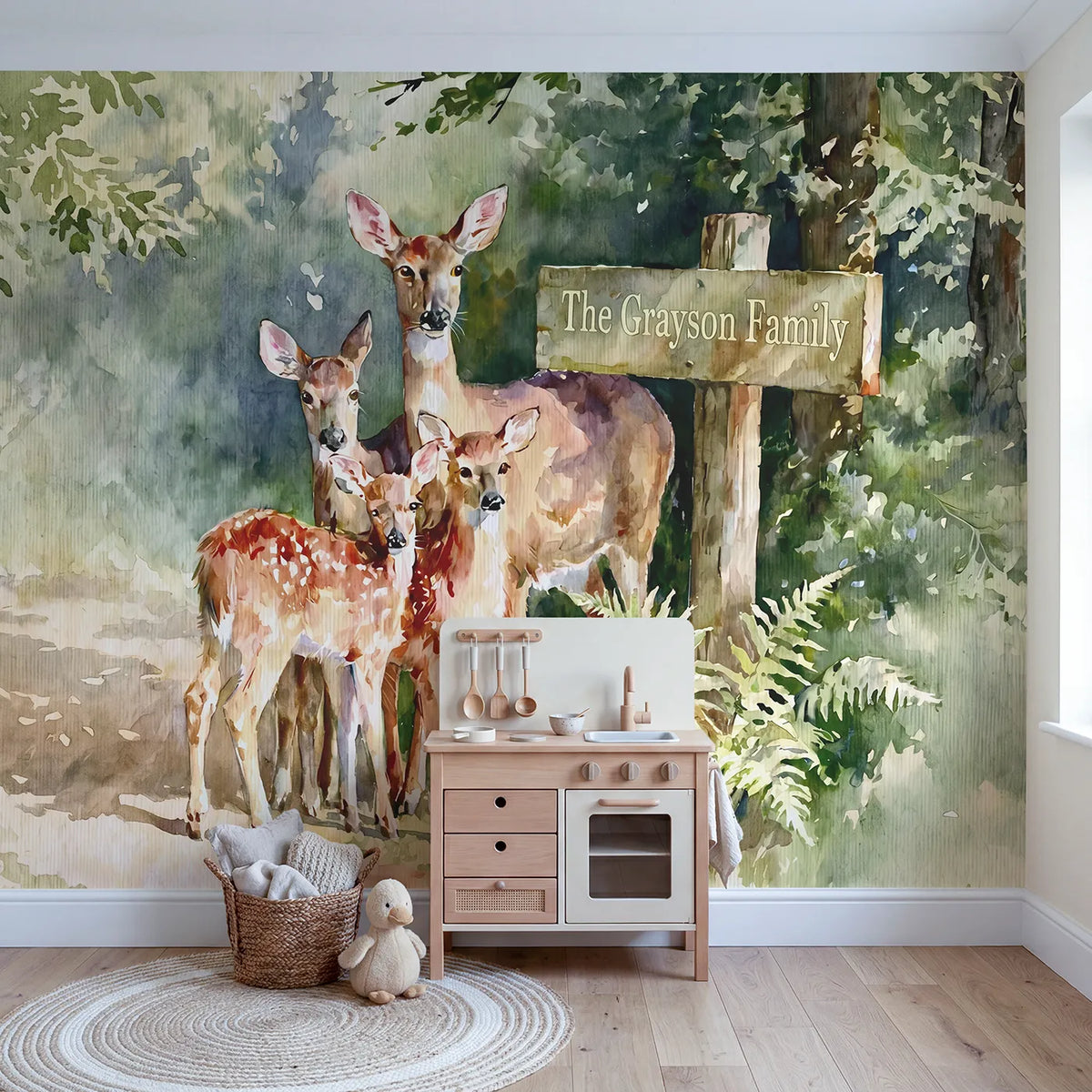 Deer Family Signpost Personalized Wall Mural in playroom setting by Whimsy Tots