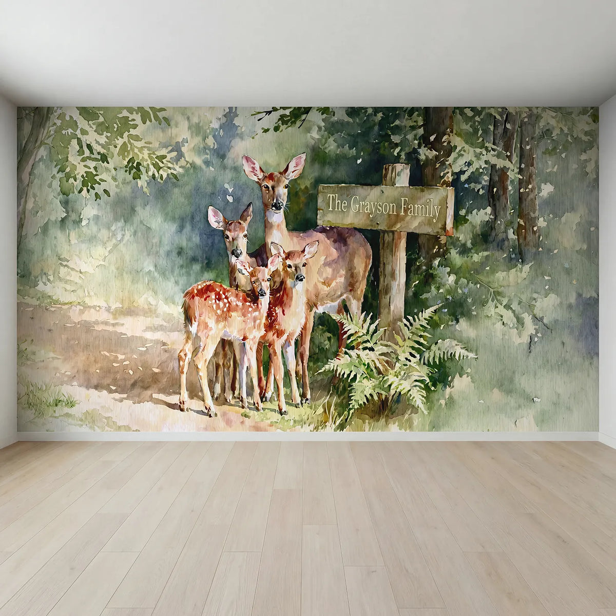 Full view of Deer Family Signpost Personalized Wall Mural by Whimsy Tots