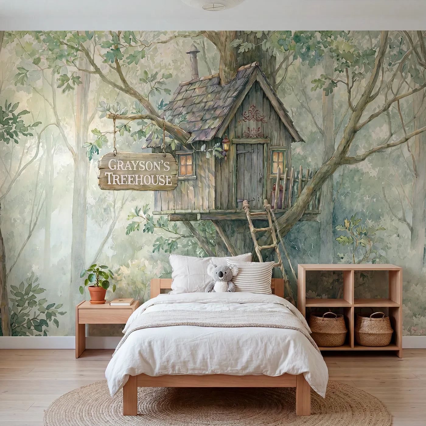 Storybook treehouse personalized wall mural with hanging name sign for a playroom by Whimsy Tots