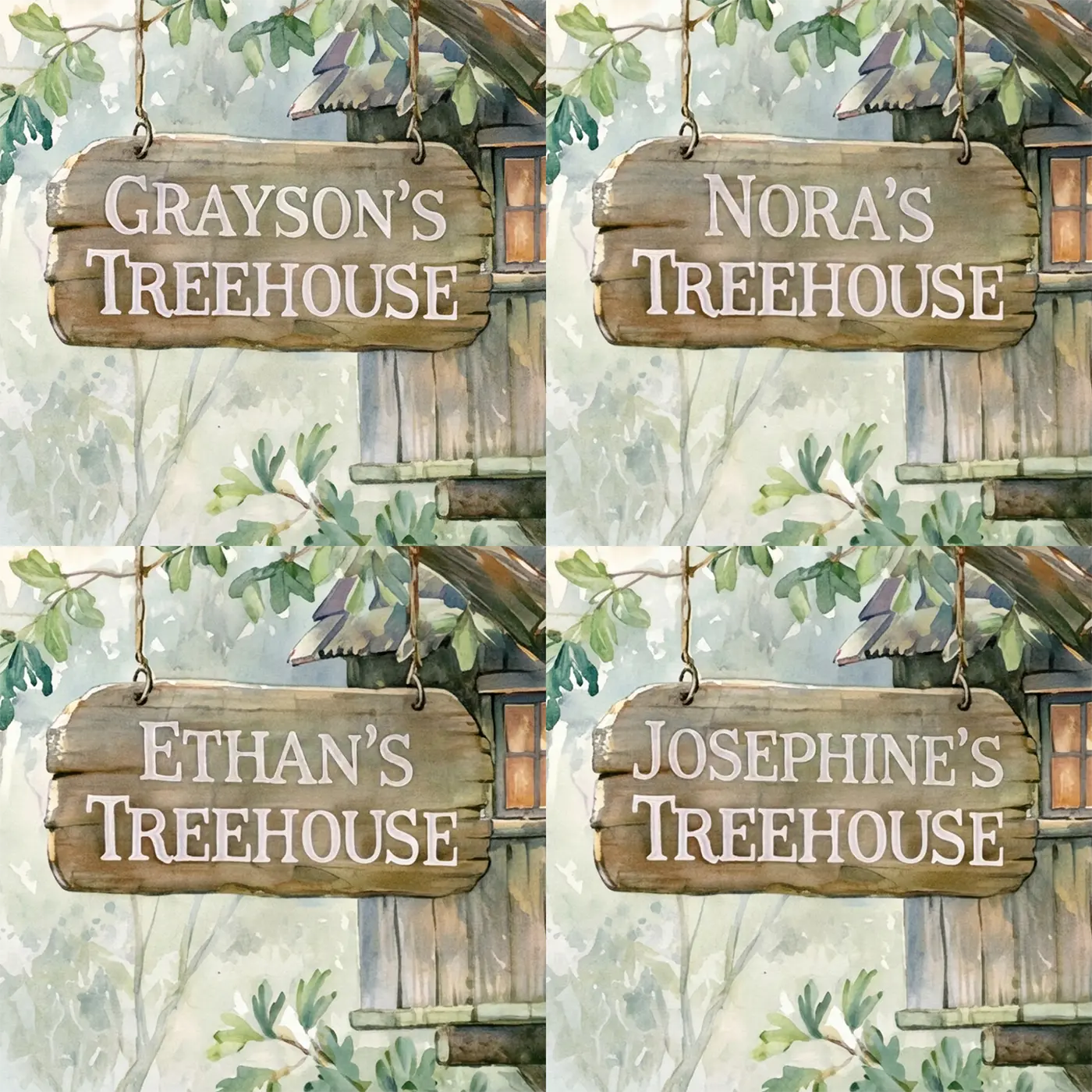 Four name preview examples of Forest Treehouse Hideaway Personalized Wall Mural by Whimsy Tots