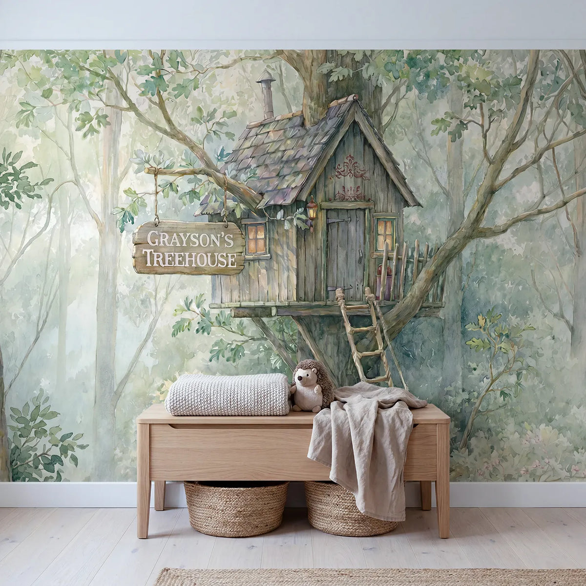 Forest Treehouse Hideaway Personalized Wall Mural in playroom setting by Whimsy Tots