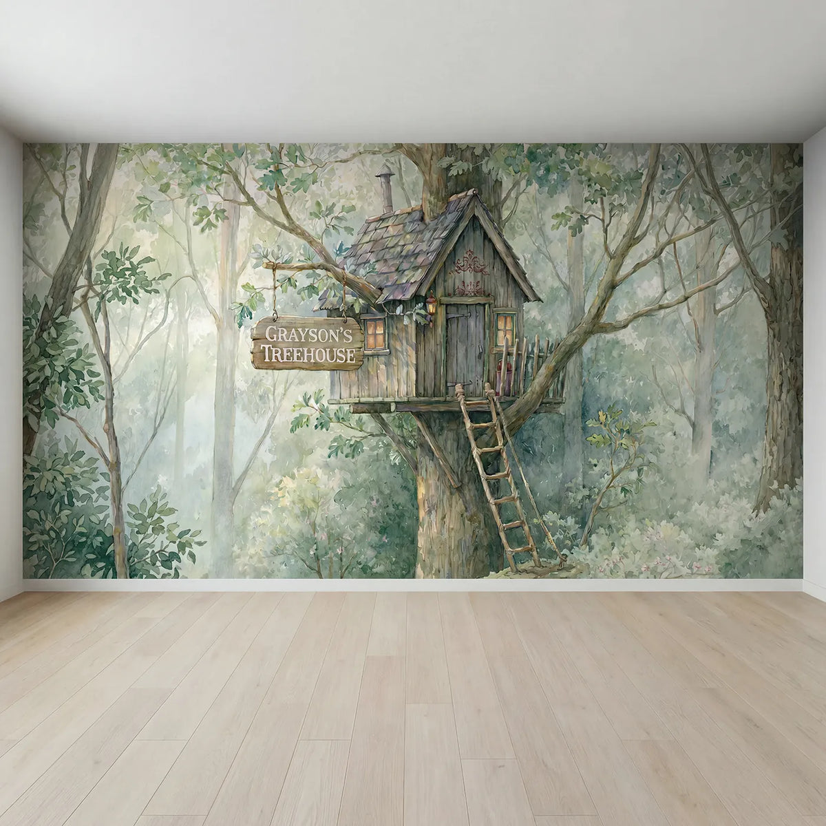 Full view of Forest Treehouse Hideaway Personalized Wall Mural by Whimsy Tots