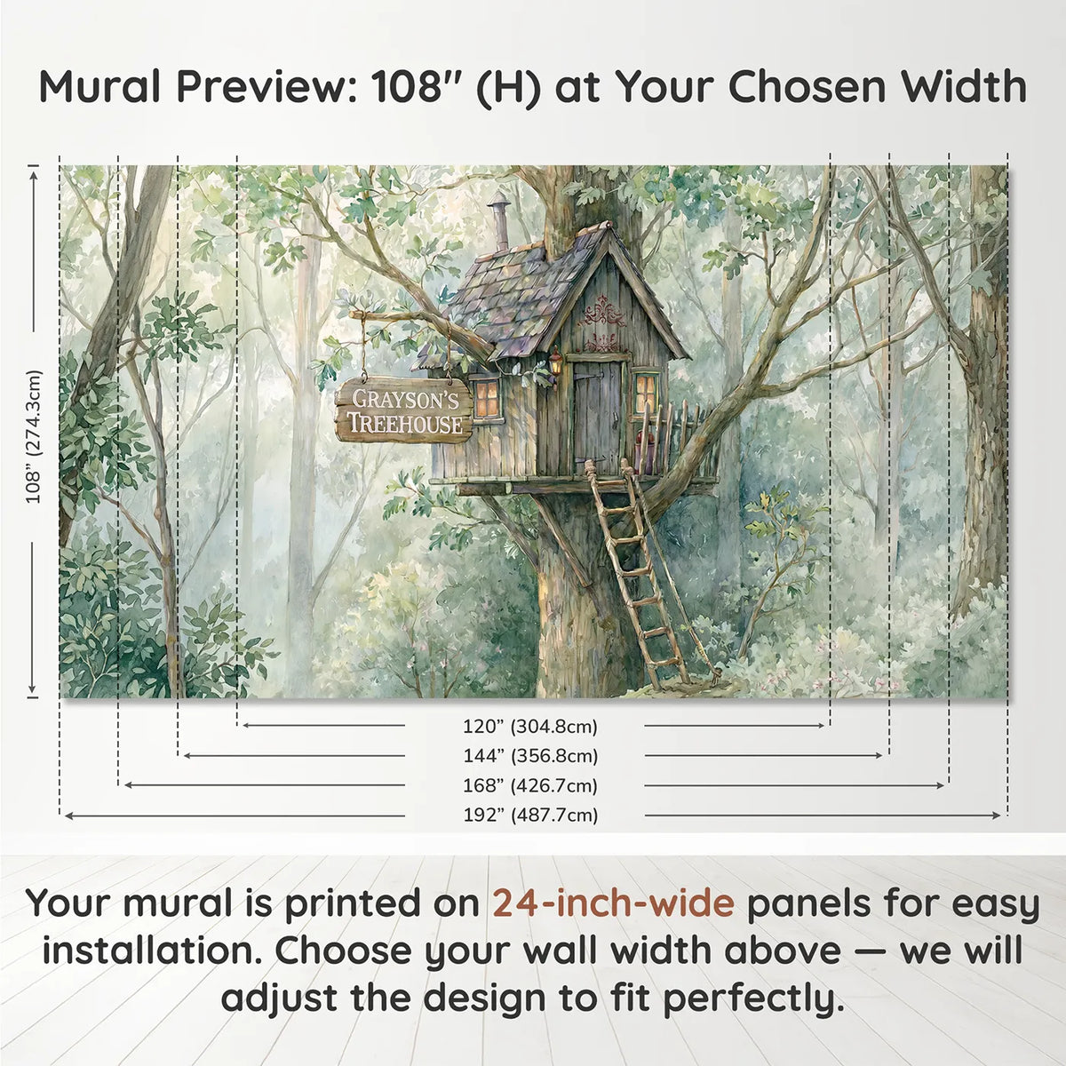Panel layout and dimensions for Forest Treehouse Hideaway Personalized Wall Mural by Whimsy Tots