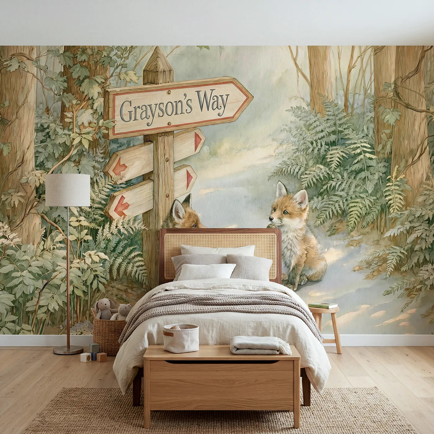 Storybook fox kit personalized wall mural with name arrow for a toddler room by Whimsy Tots
