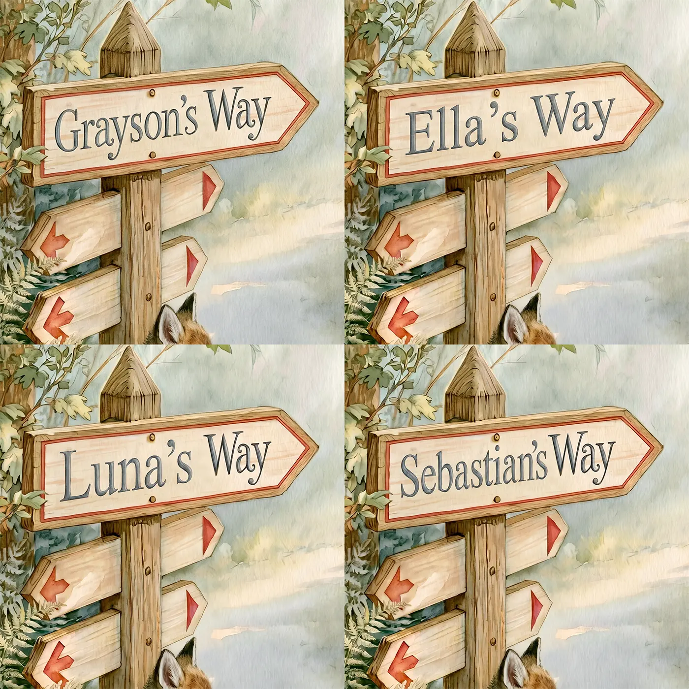 Four name preview examples of Fox Kit Crossroads Personalized Wall Mural by Whimsy Tots