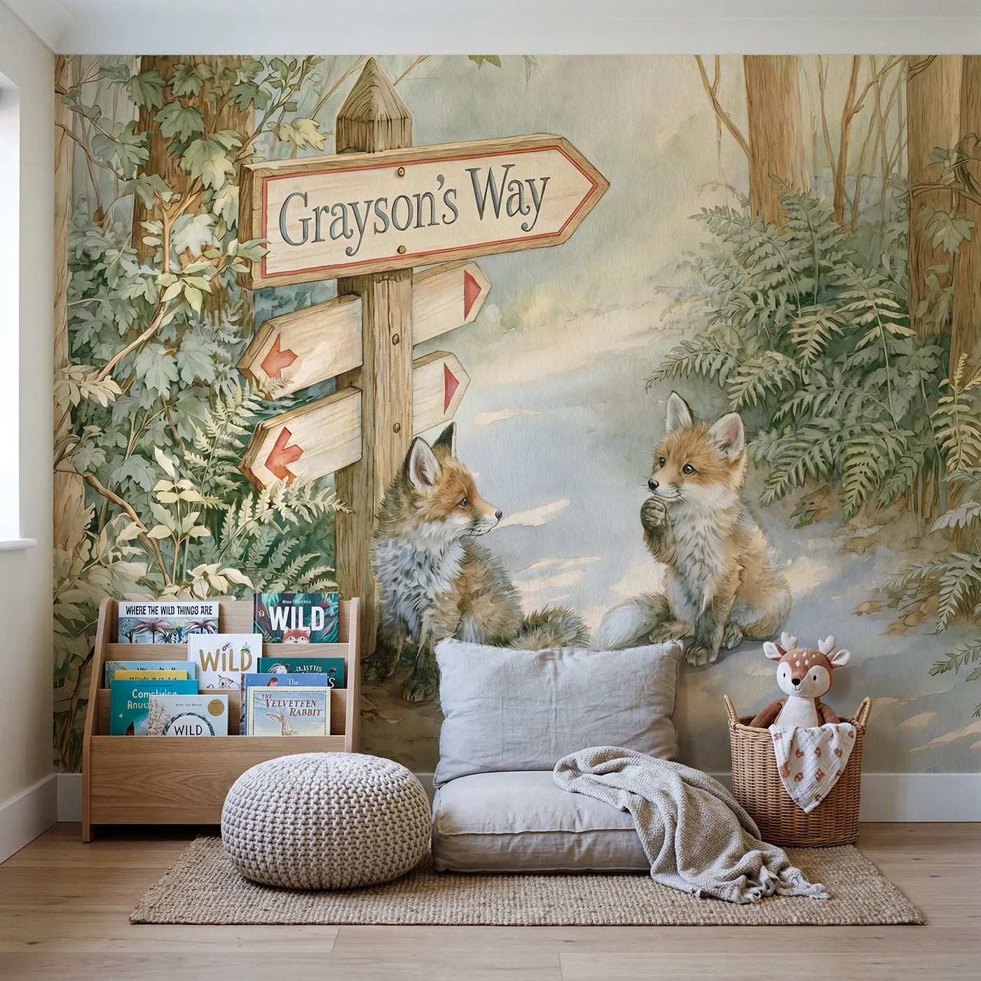 Fox Kit Crossroads Personalized Wall Mural in playroom setting by Whimsy Tots