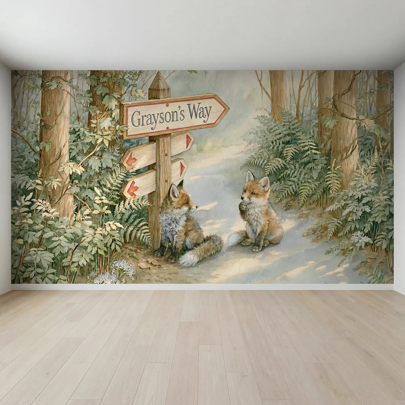 Full view of Fox Kit Crossroads Personalized Wall Mural by Whimsy Tots