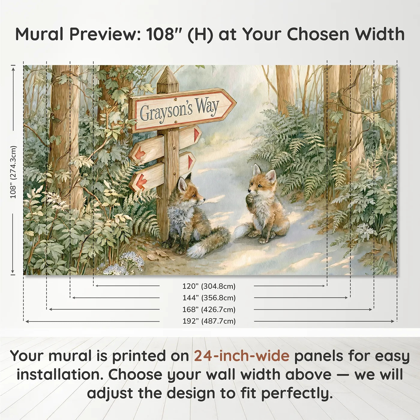 Panel layout and dimensions for Fox Kit Crossroads Personalized Wall Mural by Whimsy Tots