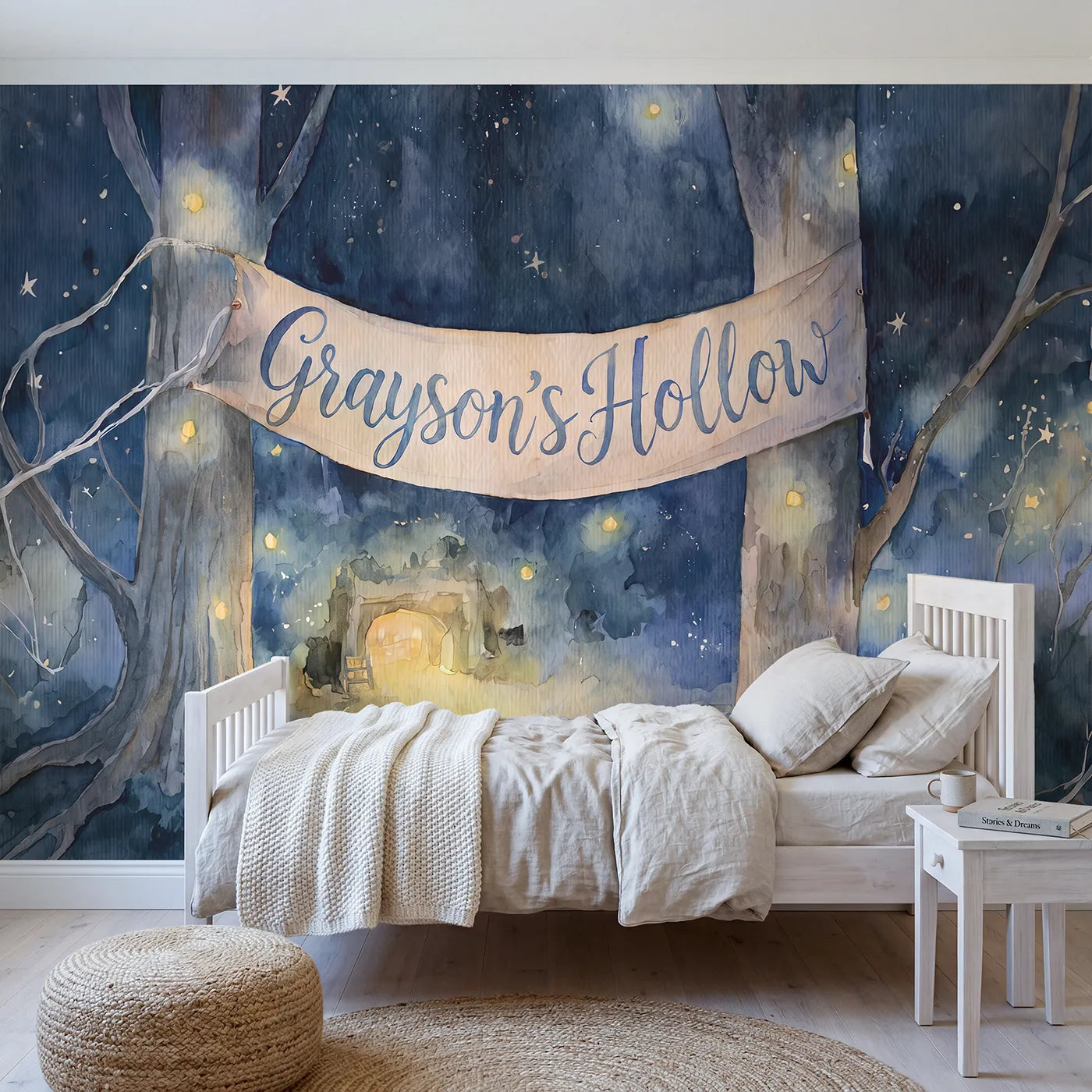 Watercolor firefly night personalized wall mural with name banner for a bedroom by Whimsy Tots