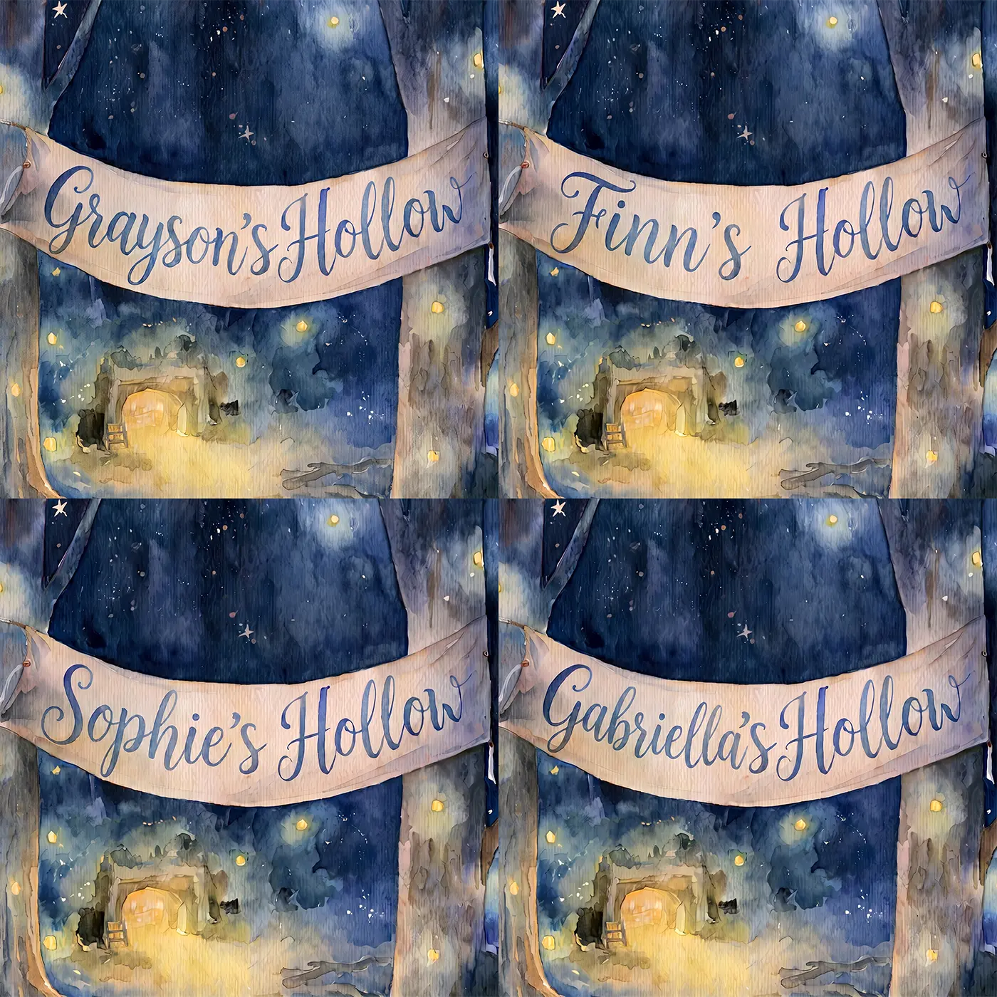 Four name preview examples of Firefly Hollow Night Personalized Wall Mural by Whimsy Tots