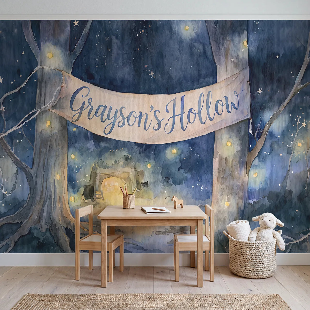 Firefly Hollow Night Personalized Wall Mural in playroom setting by Whimsy Tots