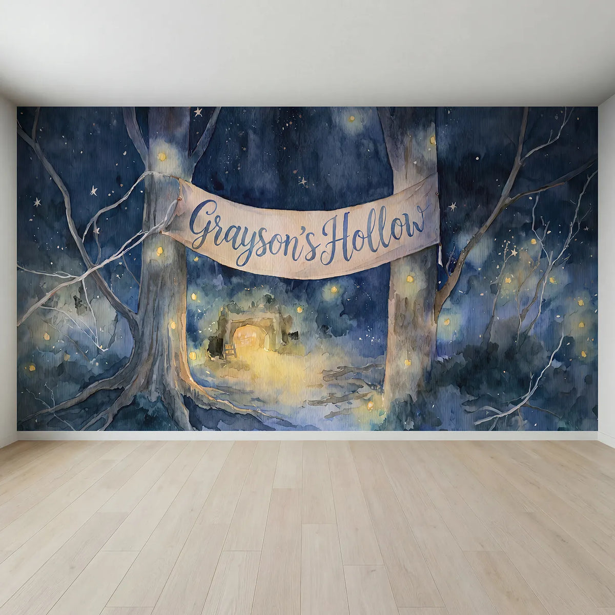 Full view of Firefly Hollow Night Personalized Wall Mural by Whimsy Tots