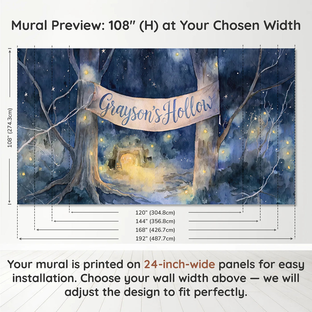Panel layout and dimensions for Firefly Hollow Night Personalized Wall Mural by Whimsy Tots