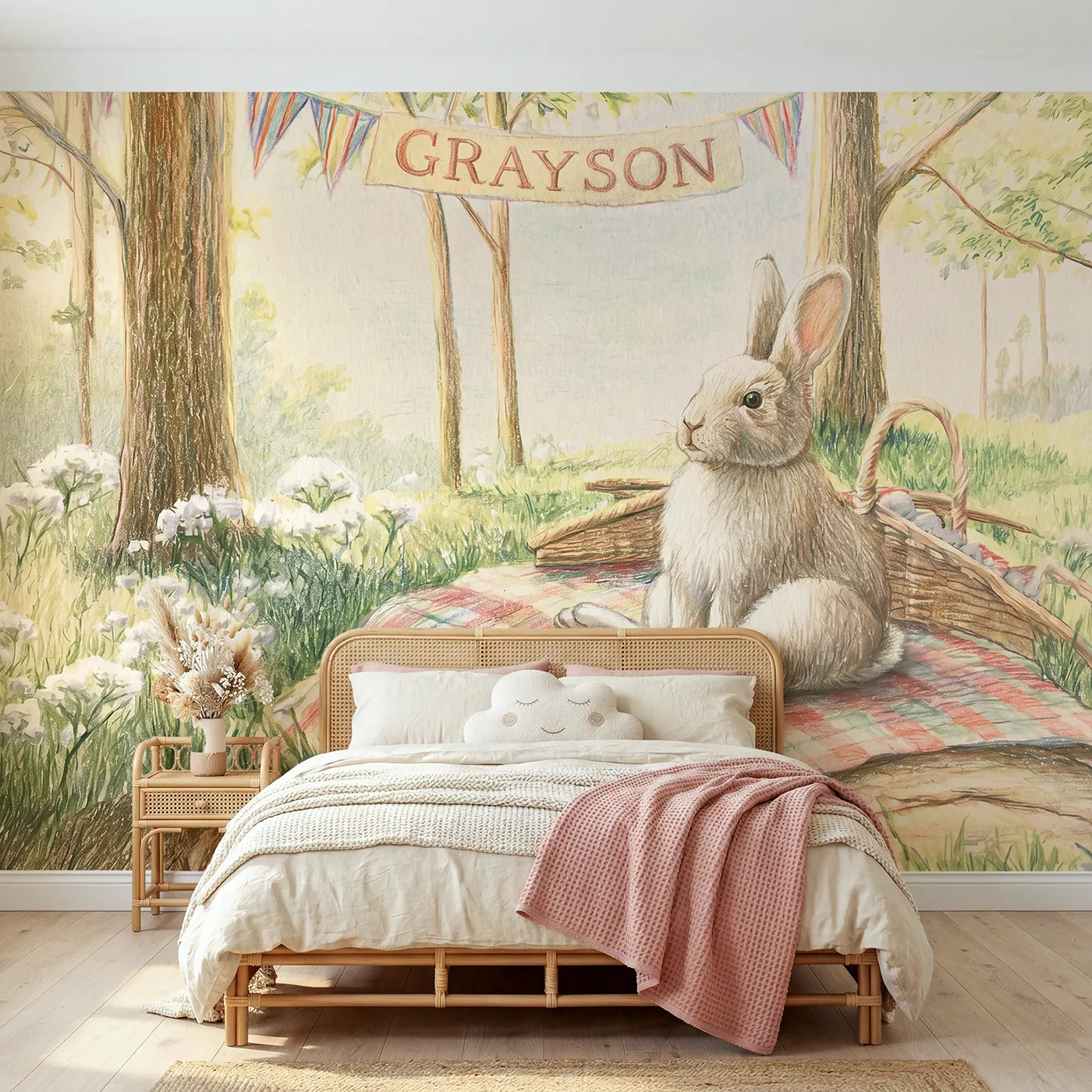Colored Pencil bunny picnic personalized wall mural with name banner for a kids room by Whimsy Tots