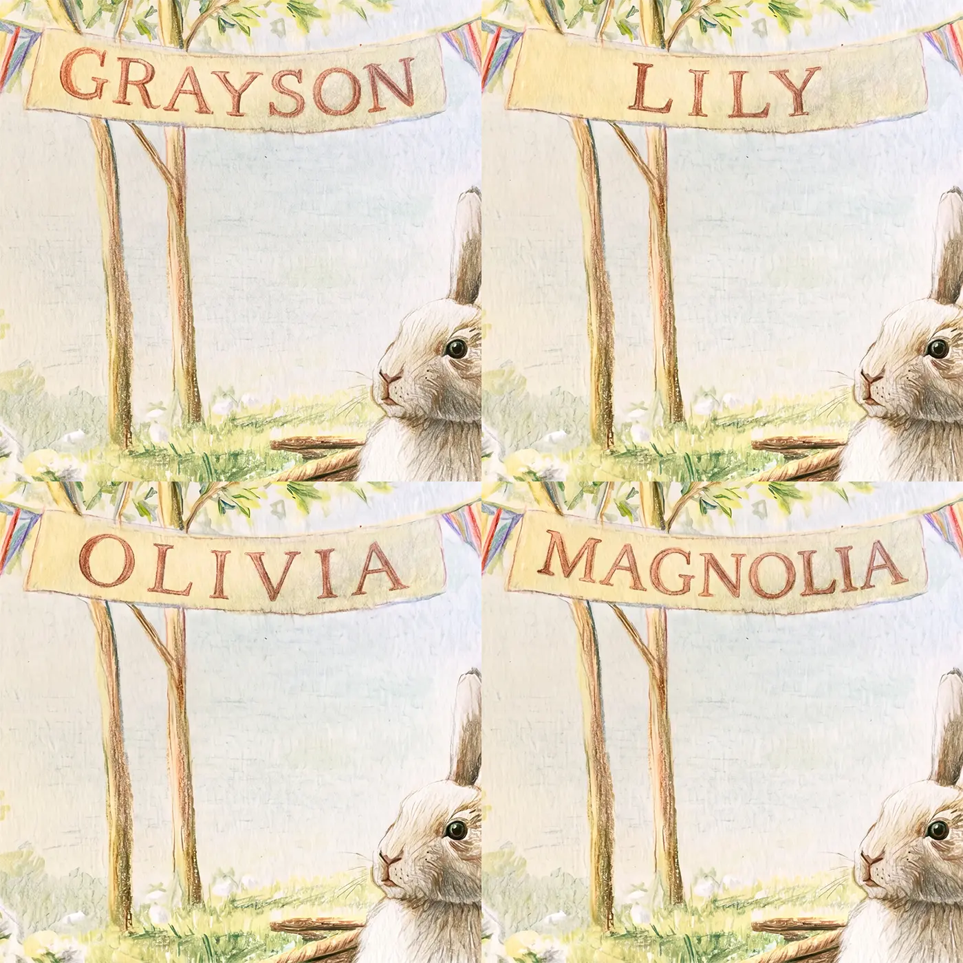 Four name preview examples of Bunny Meadow Picnic Personalized Wall Mural by Whimsy Tots