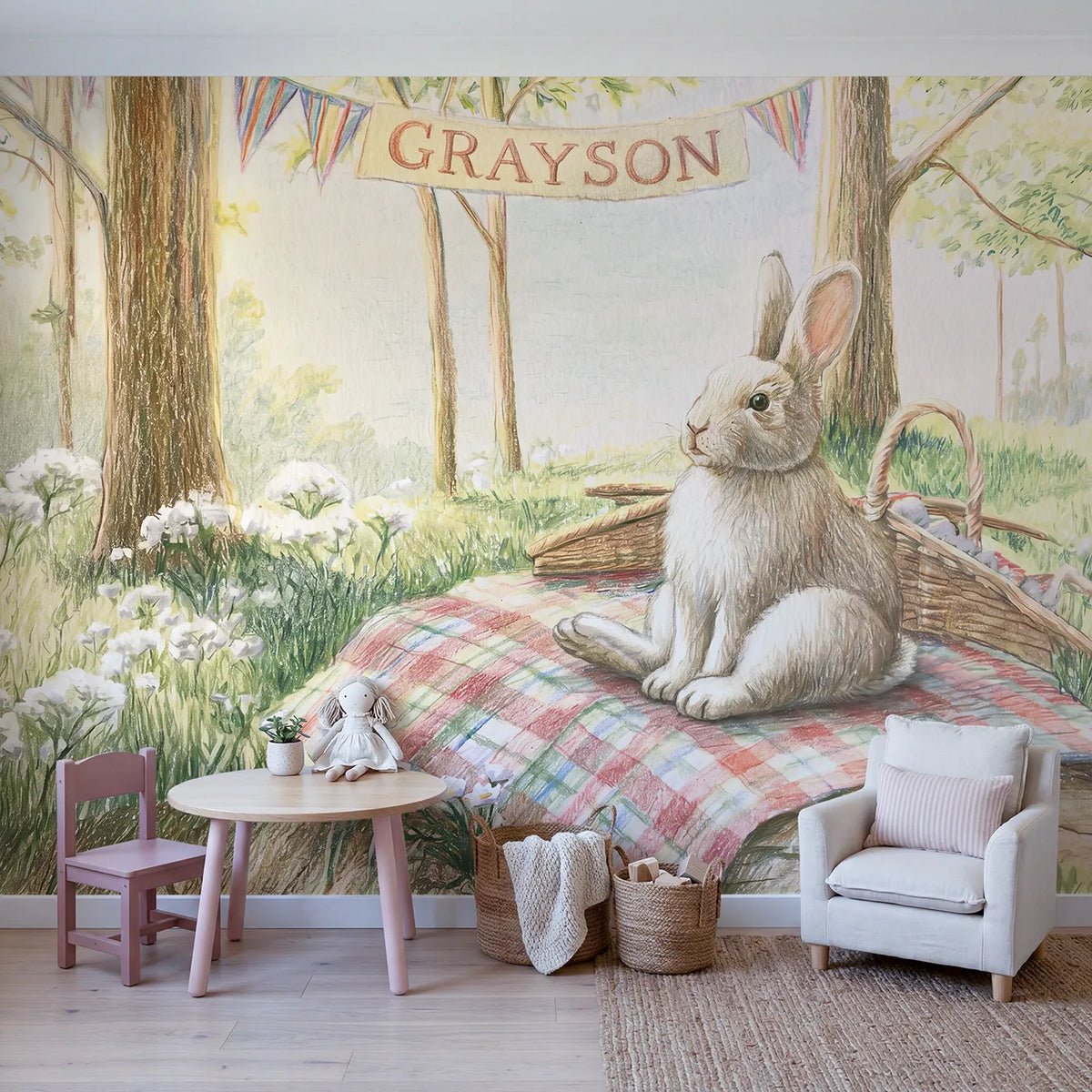 Bunny Meadow Picnic Personalized Wall Mural in playroom setting by Whimsy Tots