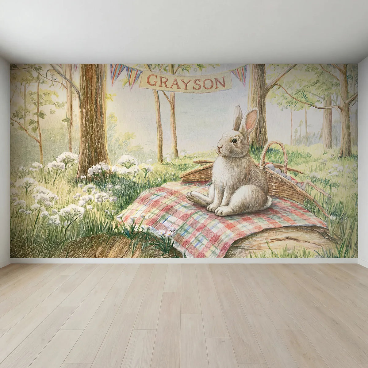 Full view of Bunny Meadow Picnic Personalized Wall Mural by Whimsy Tots