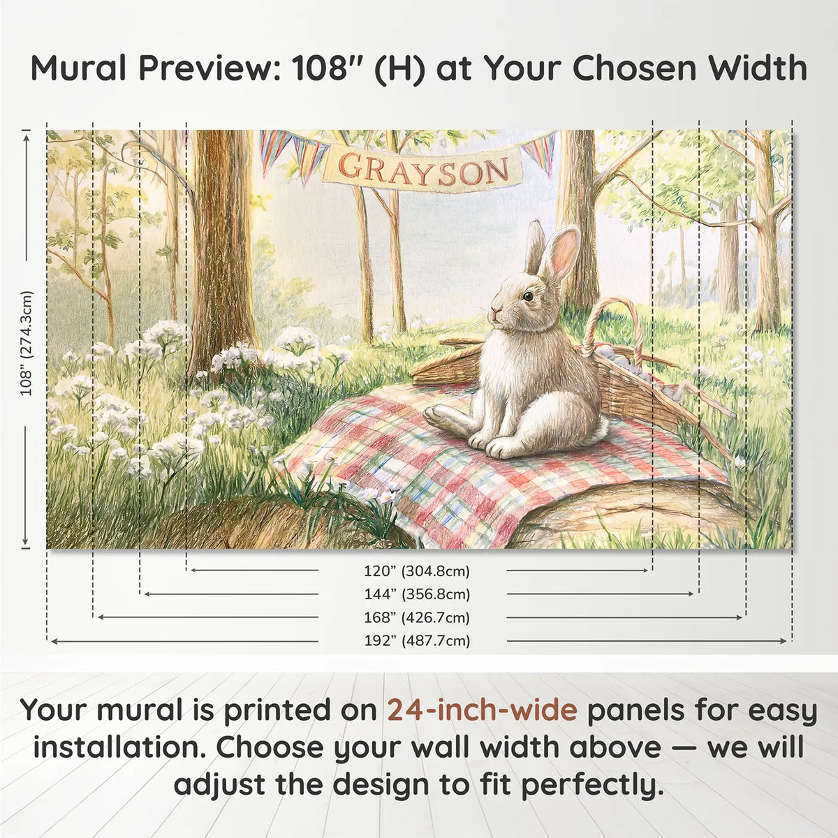 Panel layout and dimensions for Bunny Meadow Picnic Personalized Wall Mural by Whimsy Tots