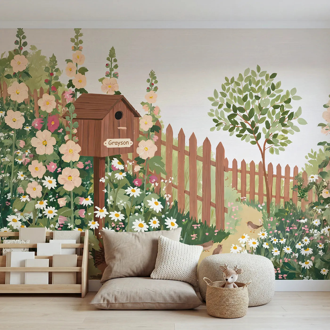 Modern Illustration hedgehog garden personalized wall mural with name for a nursery by Whimsy Tots