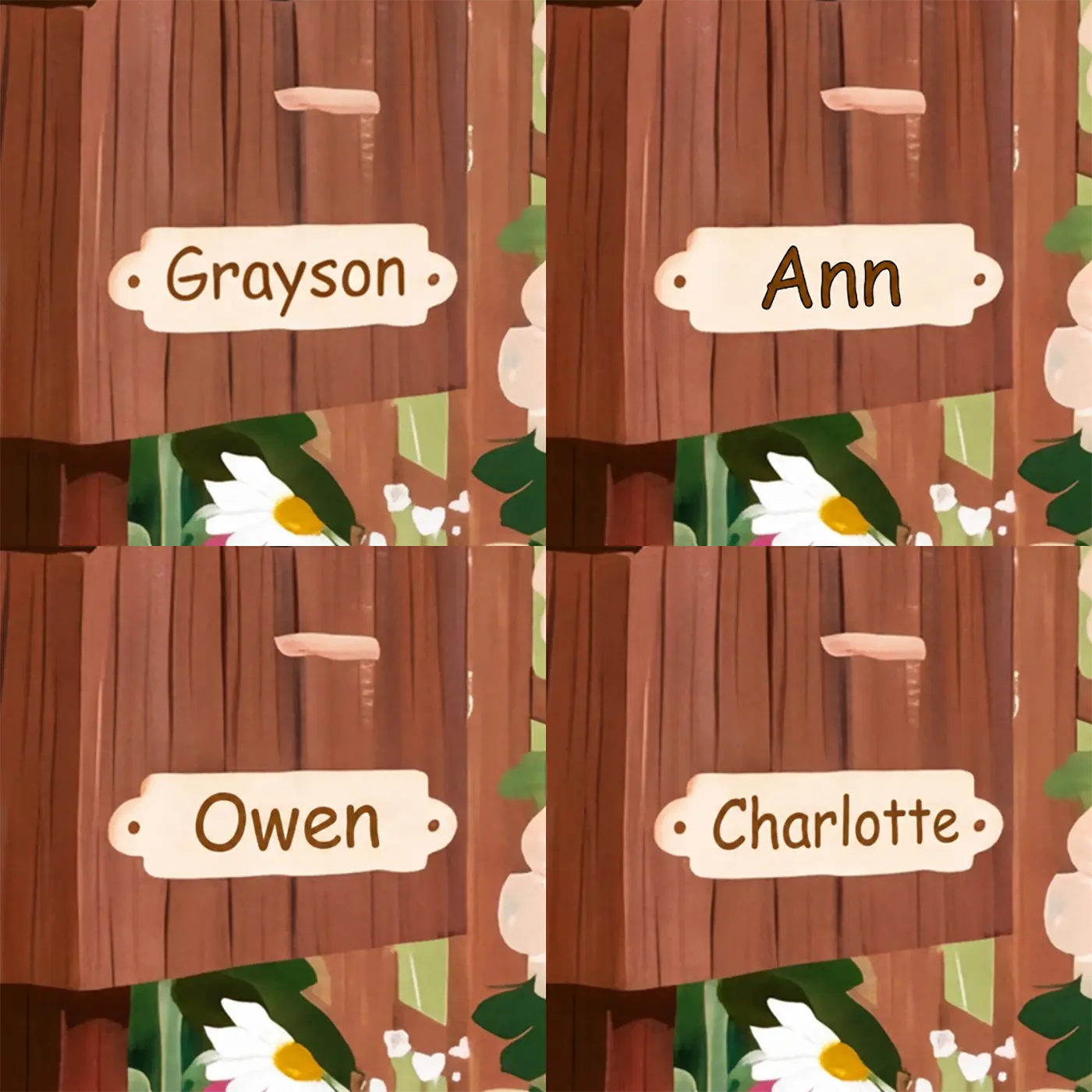 Four name preview examples of Hedgehog Garden Birdhouse Personalized Wall Mural by Whimsy Tots