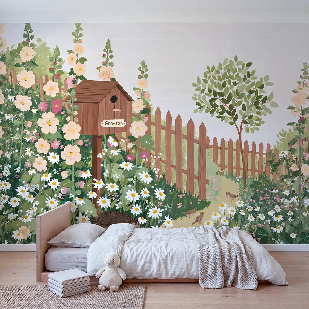 Hedgehog Garden Birdhouse Personalized Wall Mural in playroom setting by Whimsy Tots