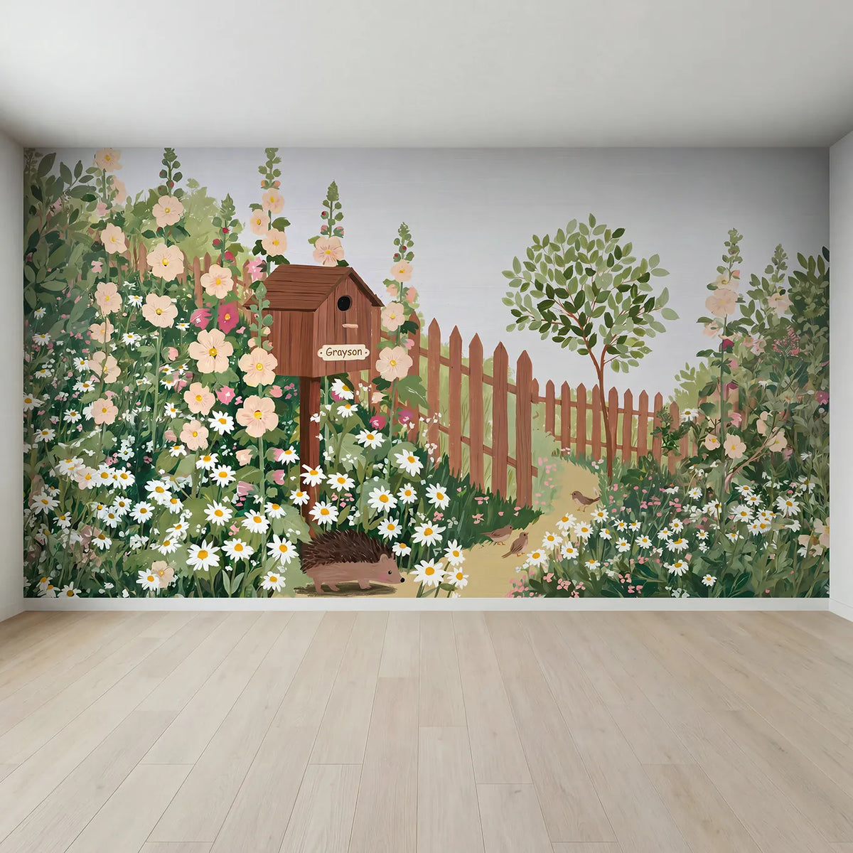 Full view of Hedgehog Garden Birdhouse Personalized Wall Mural by Whimsy Tots