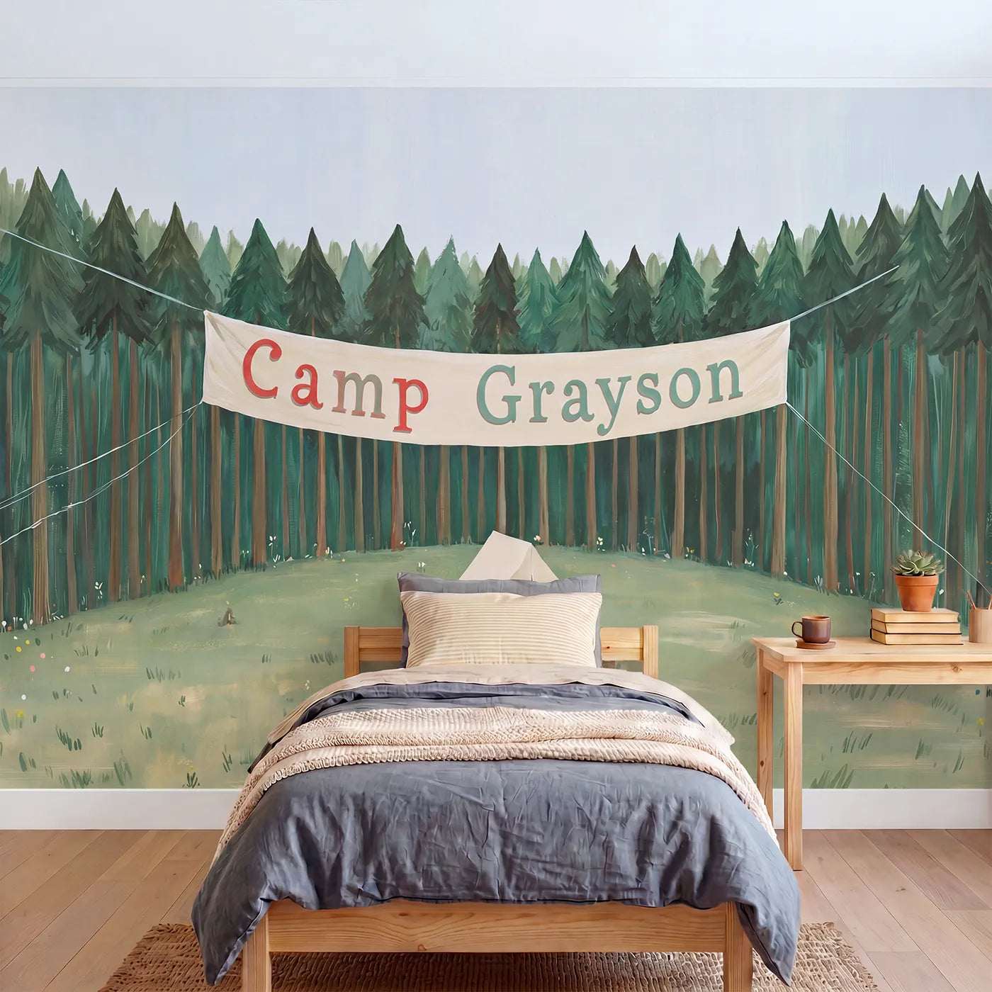 Modern Illustration woodland camp personalized wall mural with name for a playroom by Whimsy Tots