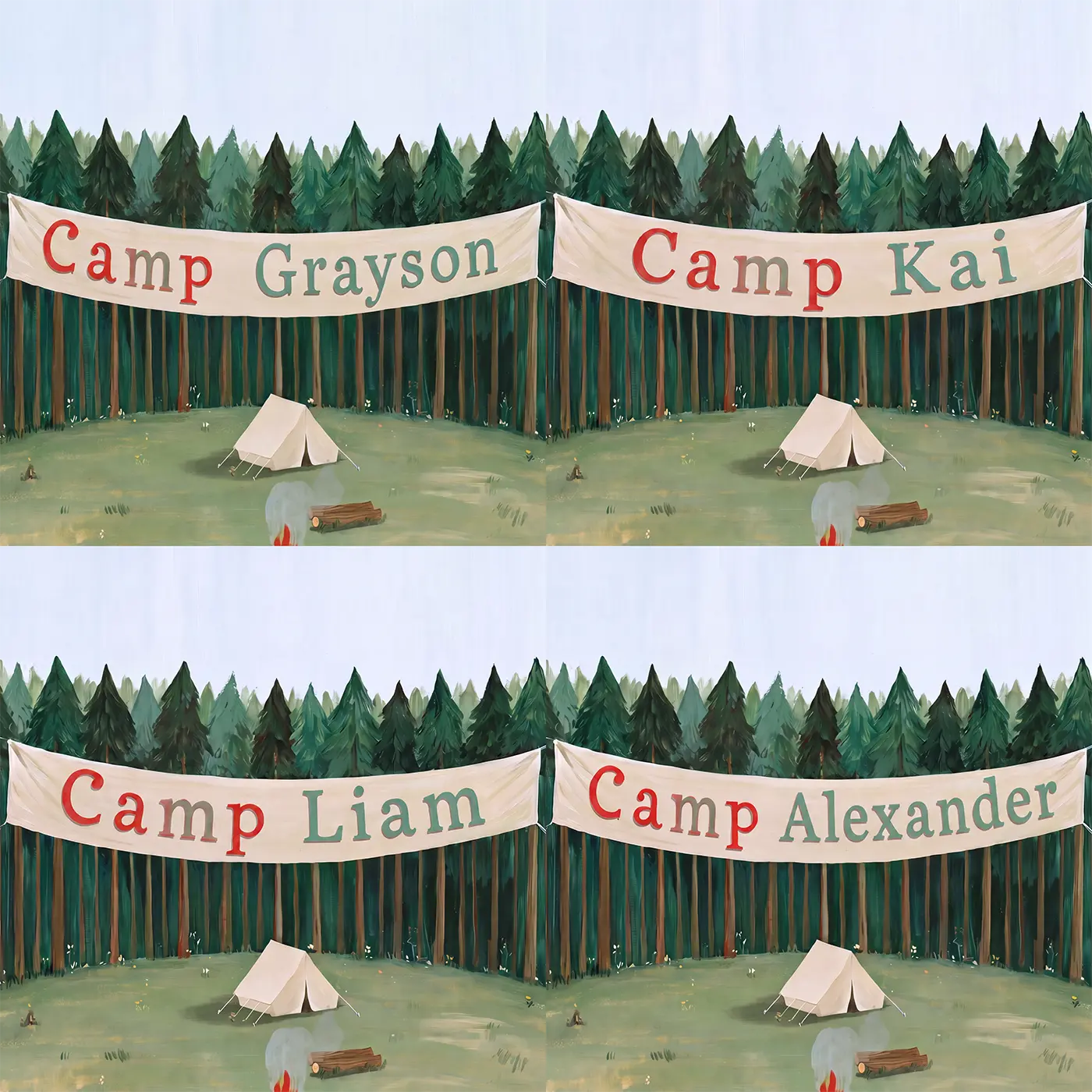 Four name preview examples of Woodland Camp Banner Personalized Wall Mural by Whimsy Tots