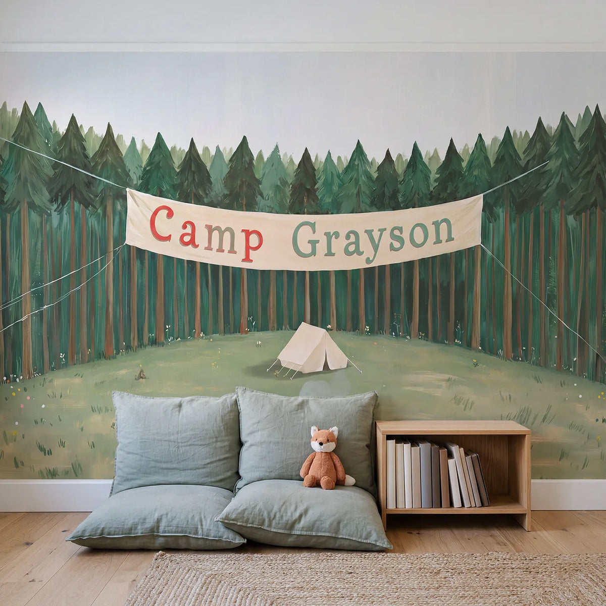 Woodland Camp Banner Personalized Wall Mural in playroom setting by Whimsy Tots