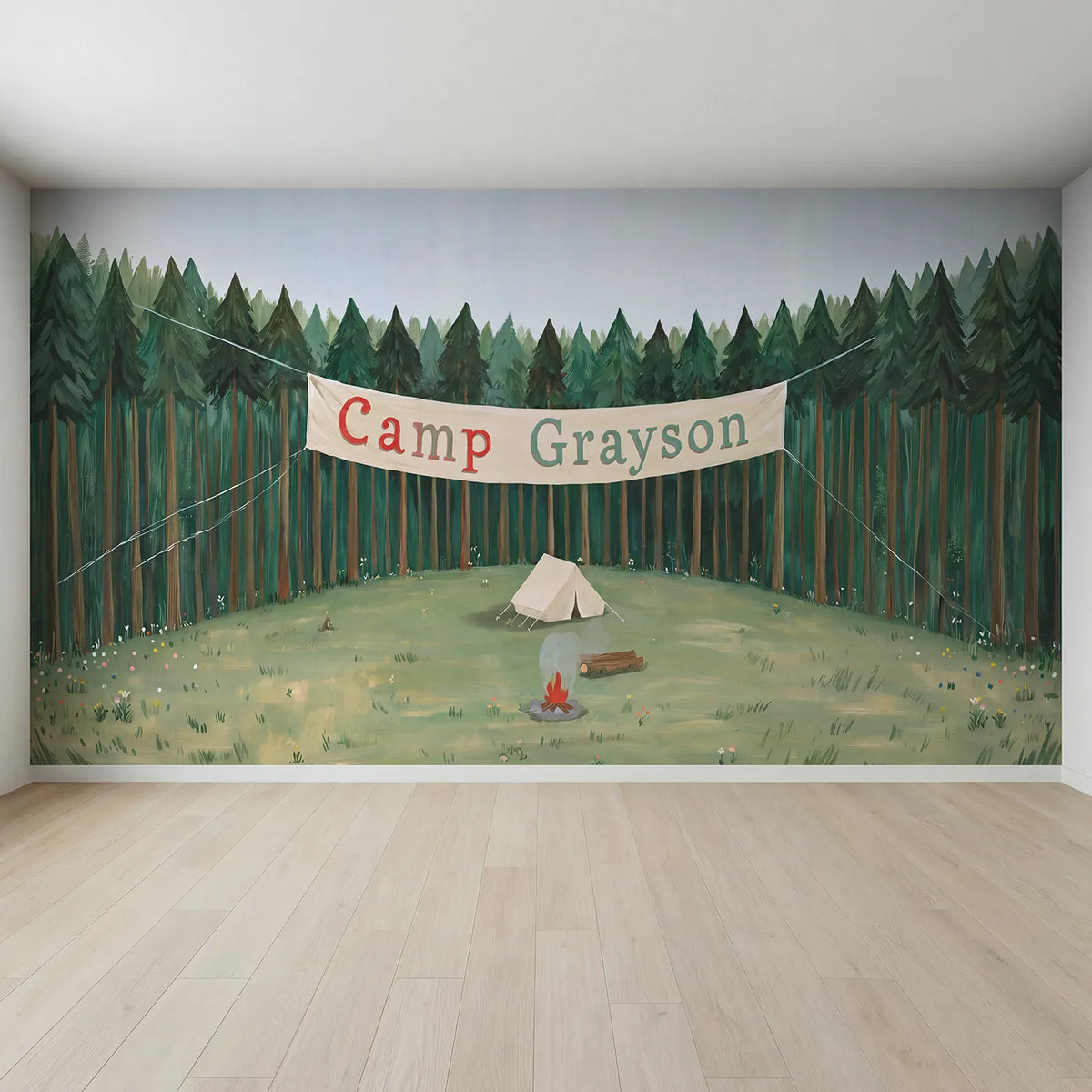 Full view of Woodland Camp Banner Personalized Wall Mural by Whimsy Tots