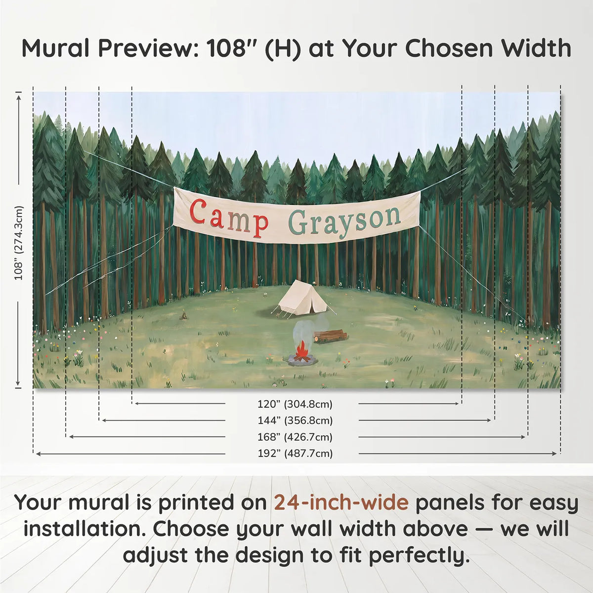 Panel layout and dimensions for Woodland Camp Banner Personalized Wall Mural by Whimsy Tots