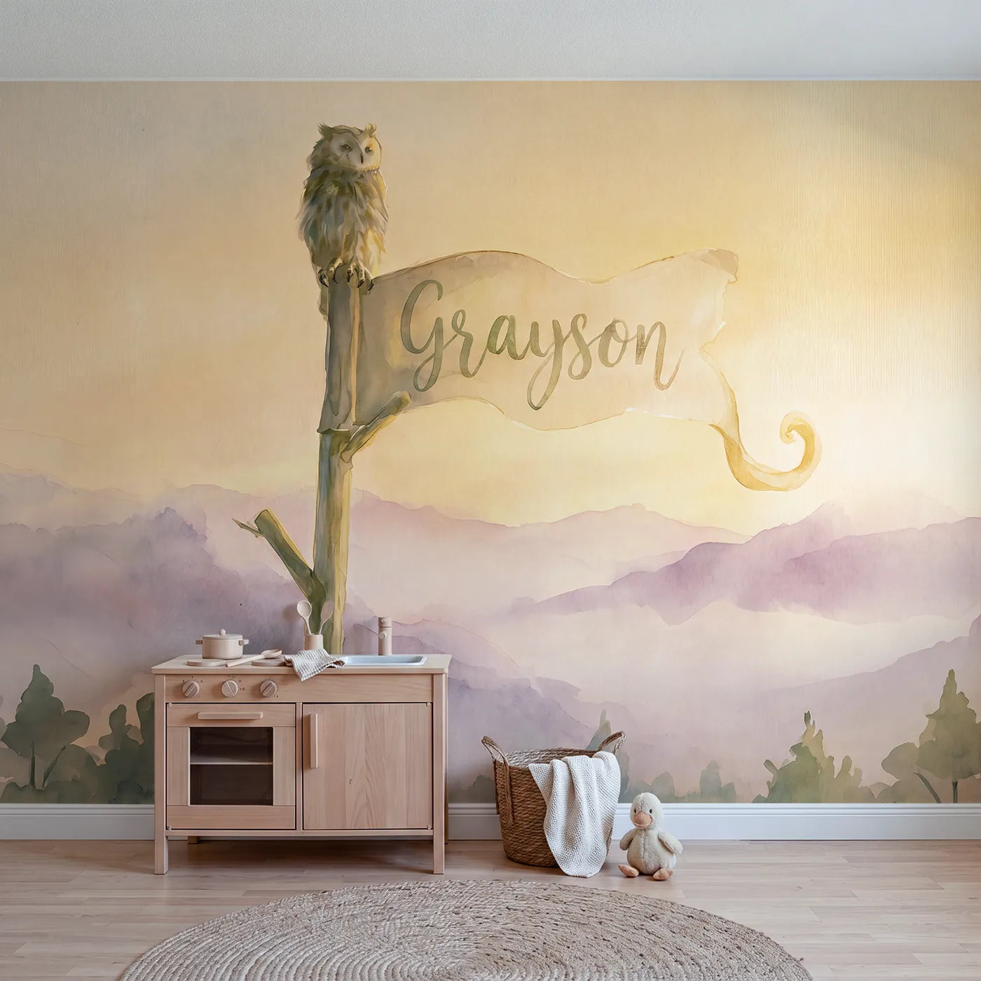 Watercolor owl treetop personalized wall mural with name flag for a bedroom by Whimsy Tots