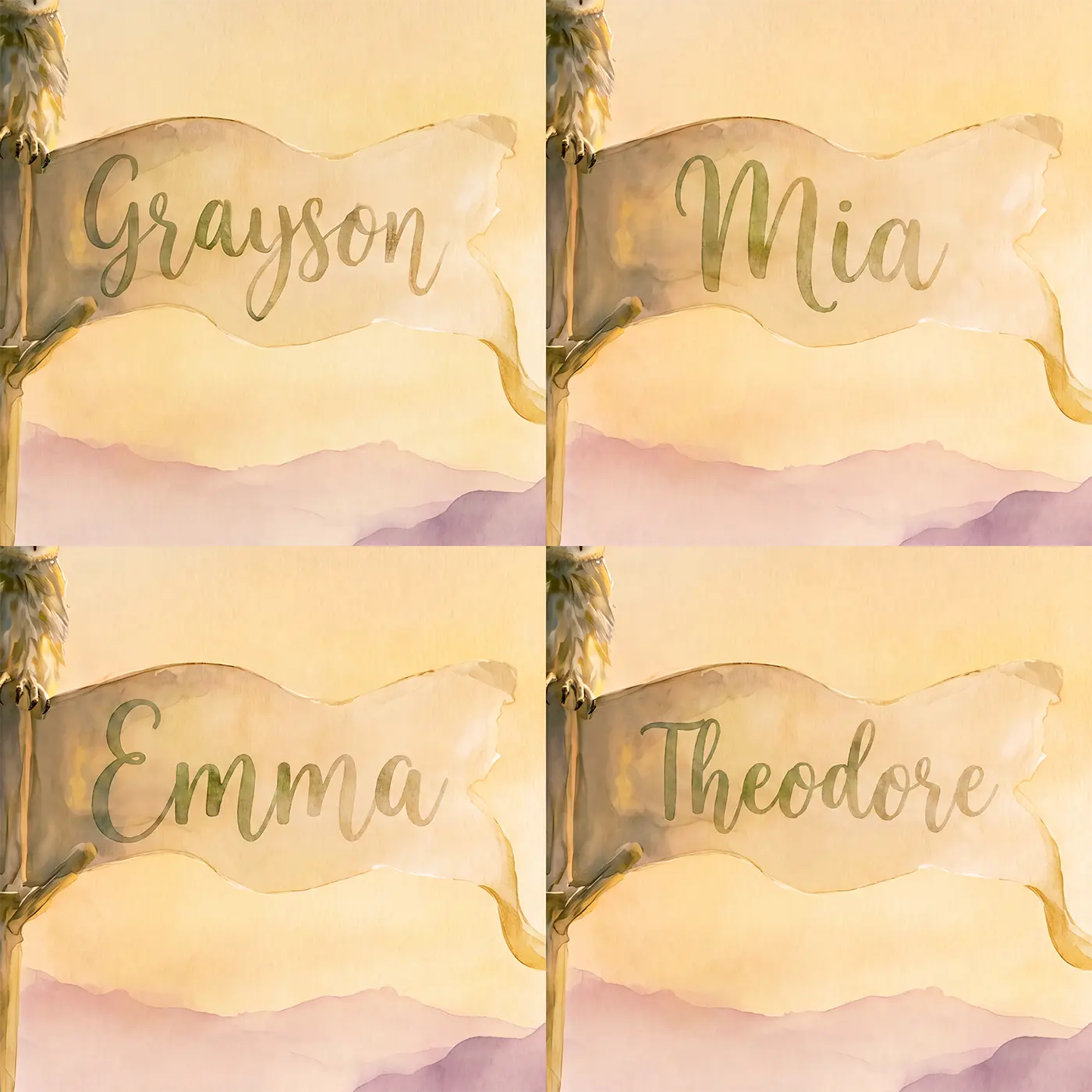 Four name preview examples of Owl Treetop Flag Personalized Wall Mural by Whimsy Tots