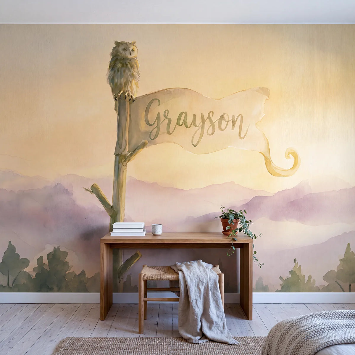 Owl Treetop Flag Personalized Wall Mural in playroom setting by Whimsy Tots