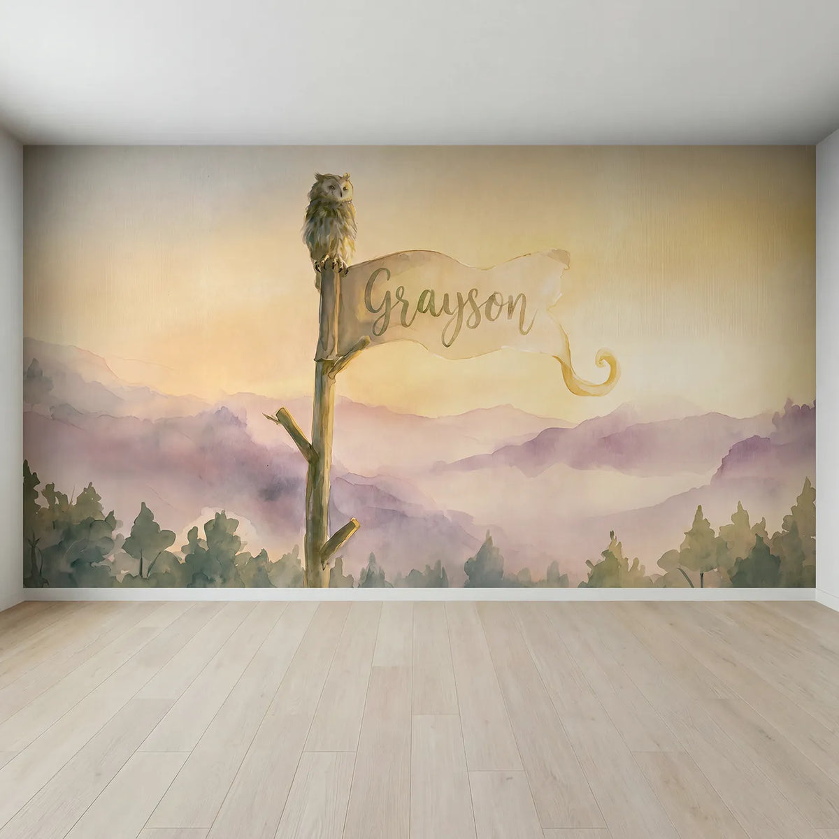 Full view of Owl Treetop Flag Personalized Wall Mural by Whimsy Tots