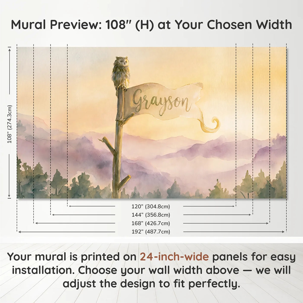 Panel layout and dimensions for Owl Treetop Flag Personalized Wall Mural by Whimsy Tots