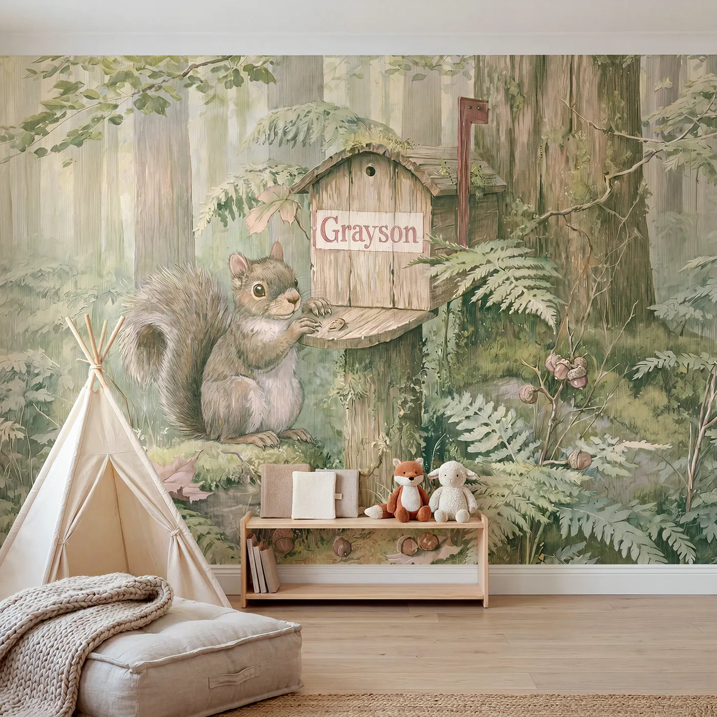 Storybook squirrel mailbox personalized wall mural with name for a nursery by Whimsy Tots