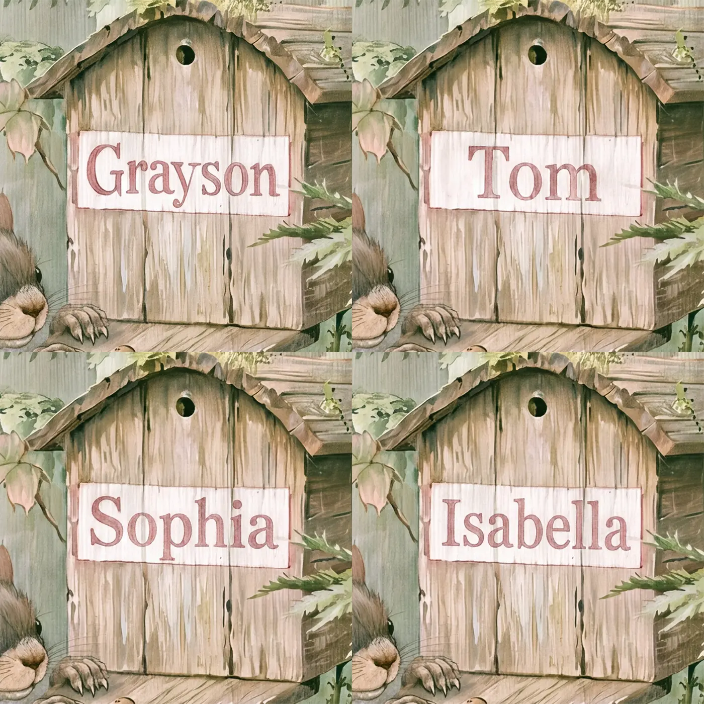 Four name preview examples of Squirrel Woodland Mailbox Personalized Wall Mural by Whimsy Tots