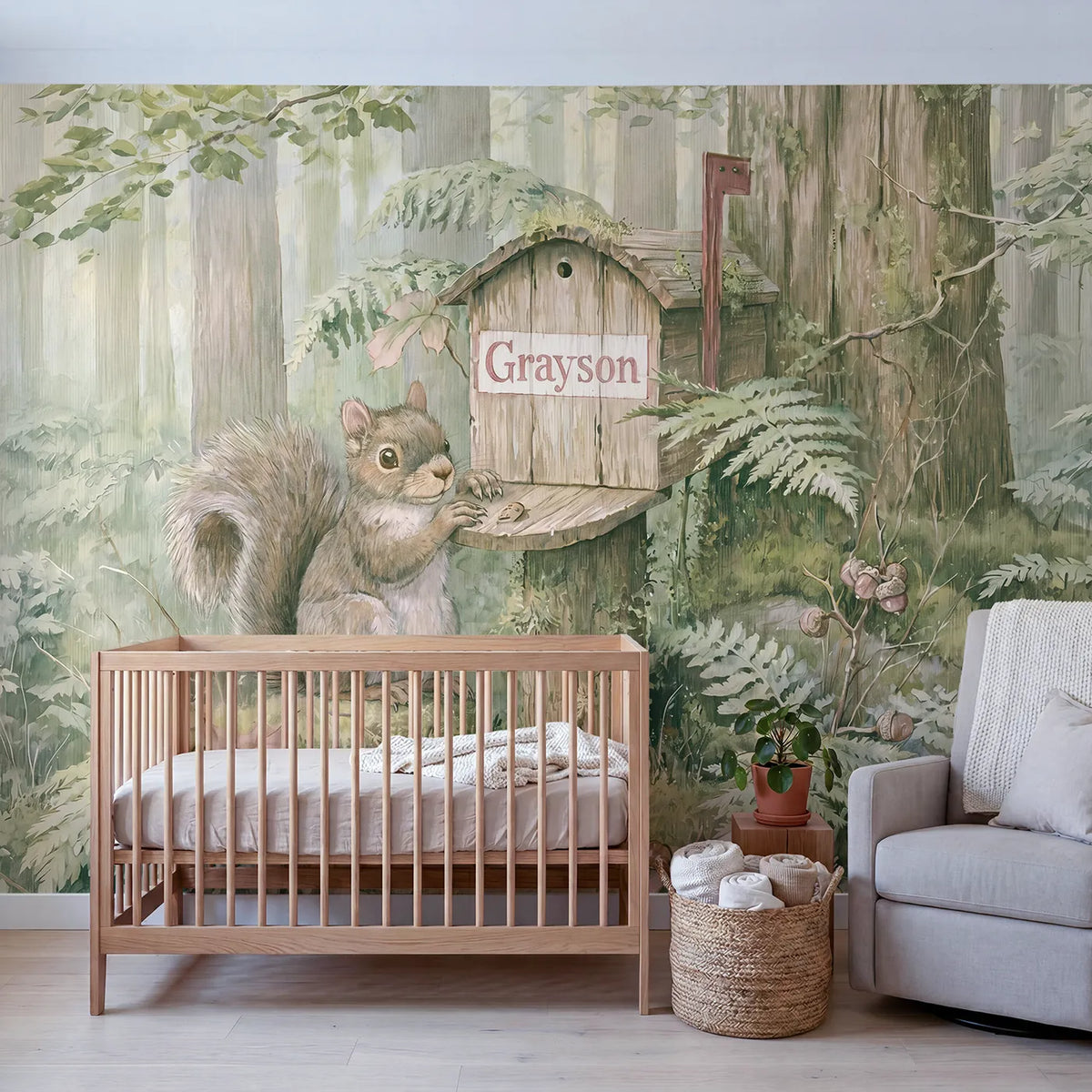 Squirrel Woodland Mailbox Personalized Wall Mural in playroom setting by Whimsy Tots