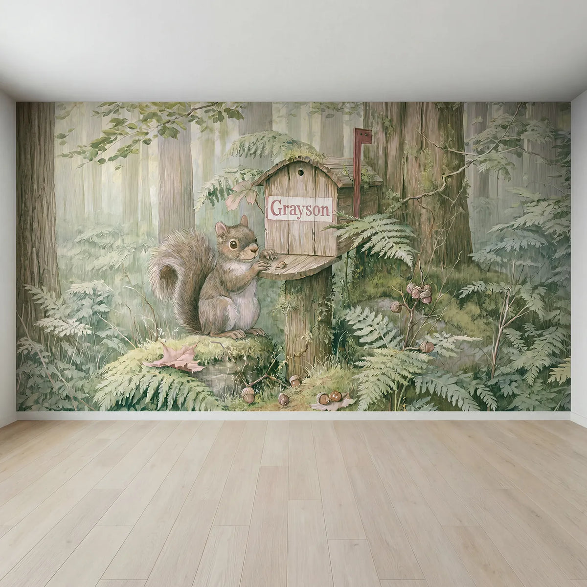 Full view of Squirrel Woodland Mailbox Personalized Wall Mural by Whimsy Tots