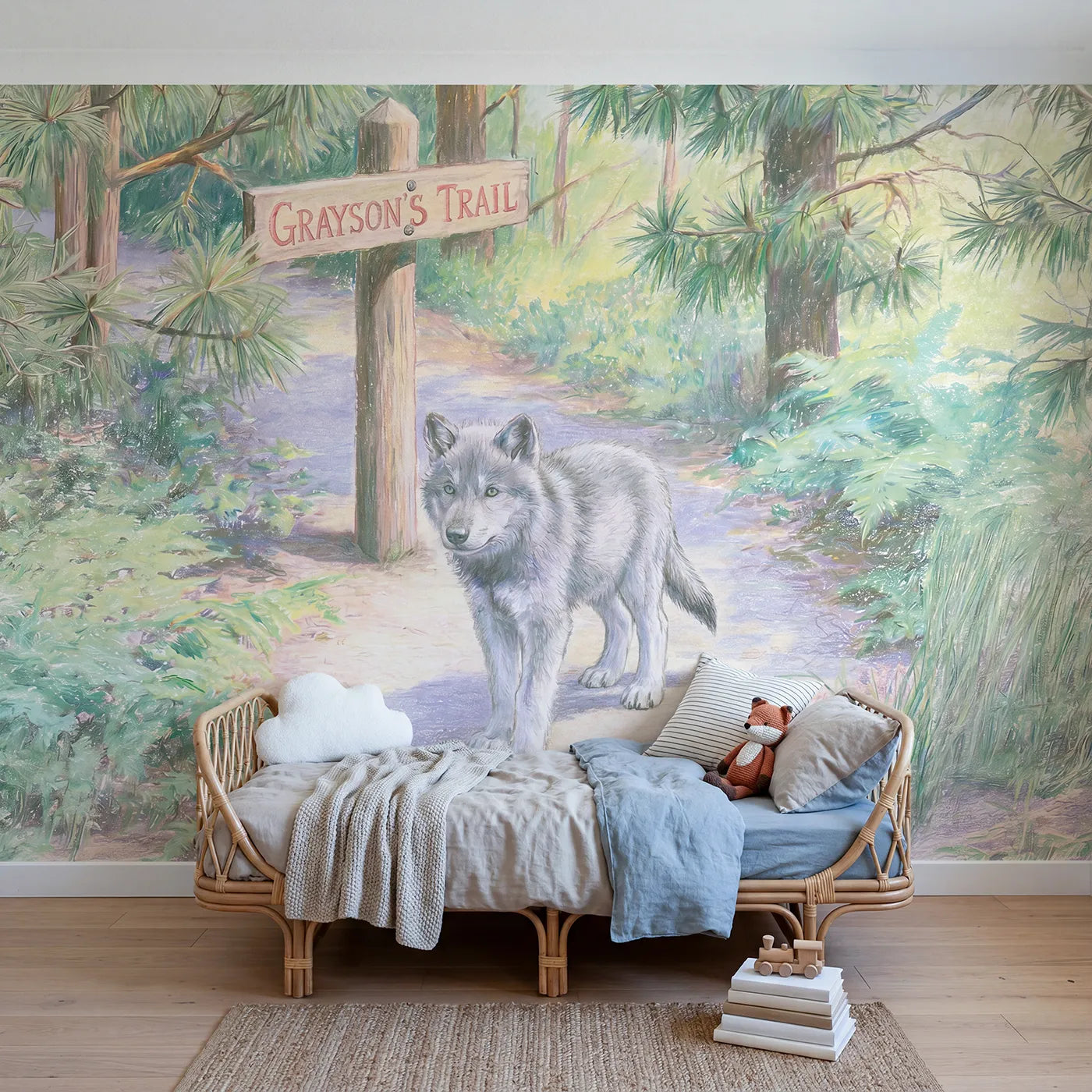 Colored Pencil wolf pup trail personalized wall mural with name for a bedroom by Whimsy Tots