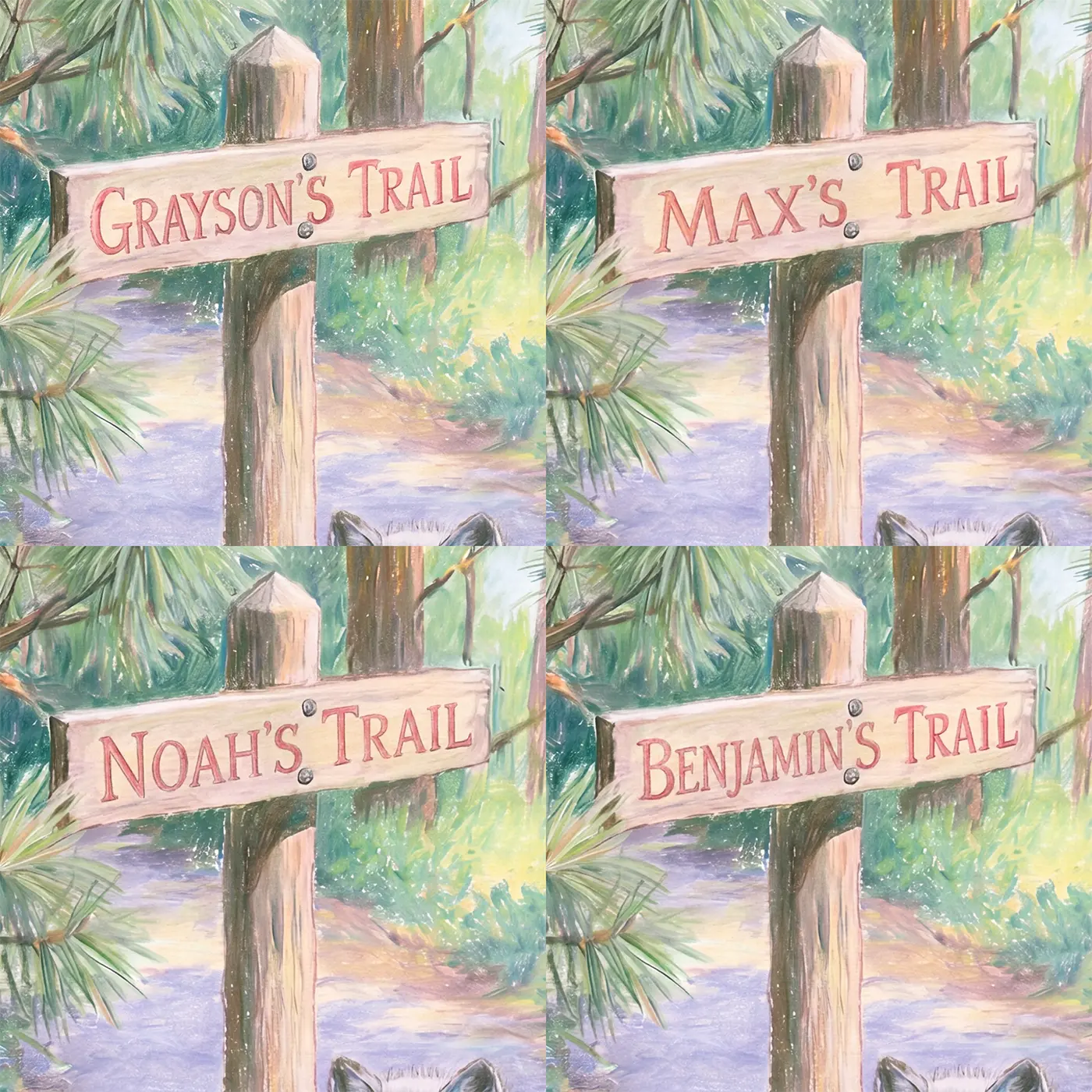 Four name preview examples of Wolf Pup Trail Personalized Wall Mural by Whimsy Tots