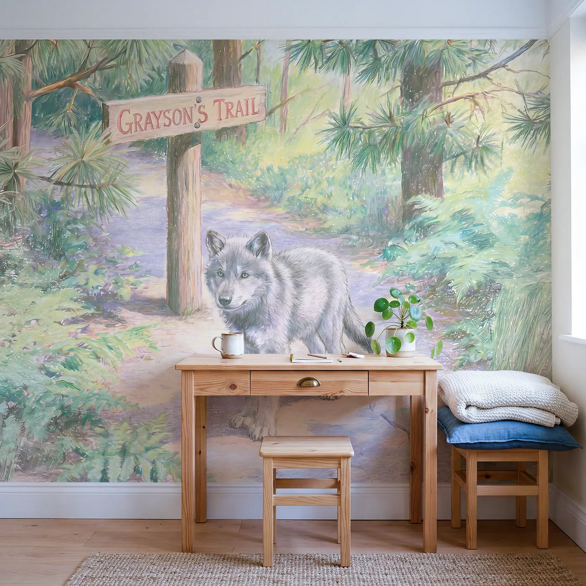 Wolf Pup Trail Personalized Wall Mural in playroom setting by Whimsy Tots