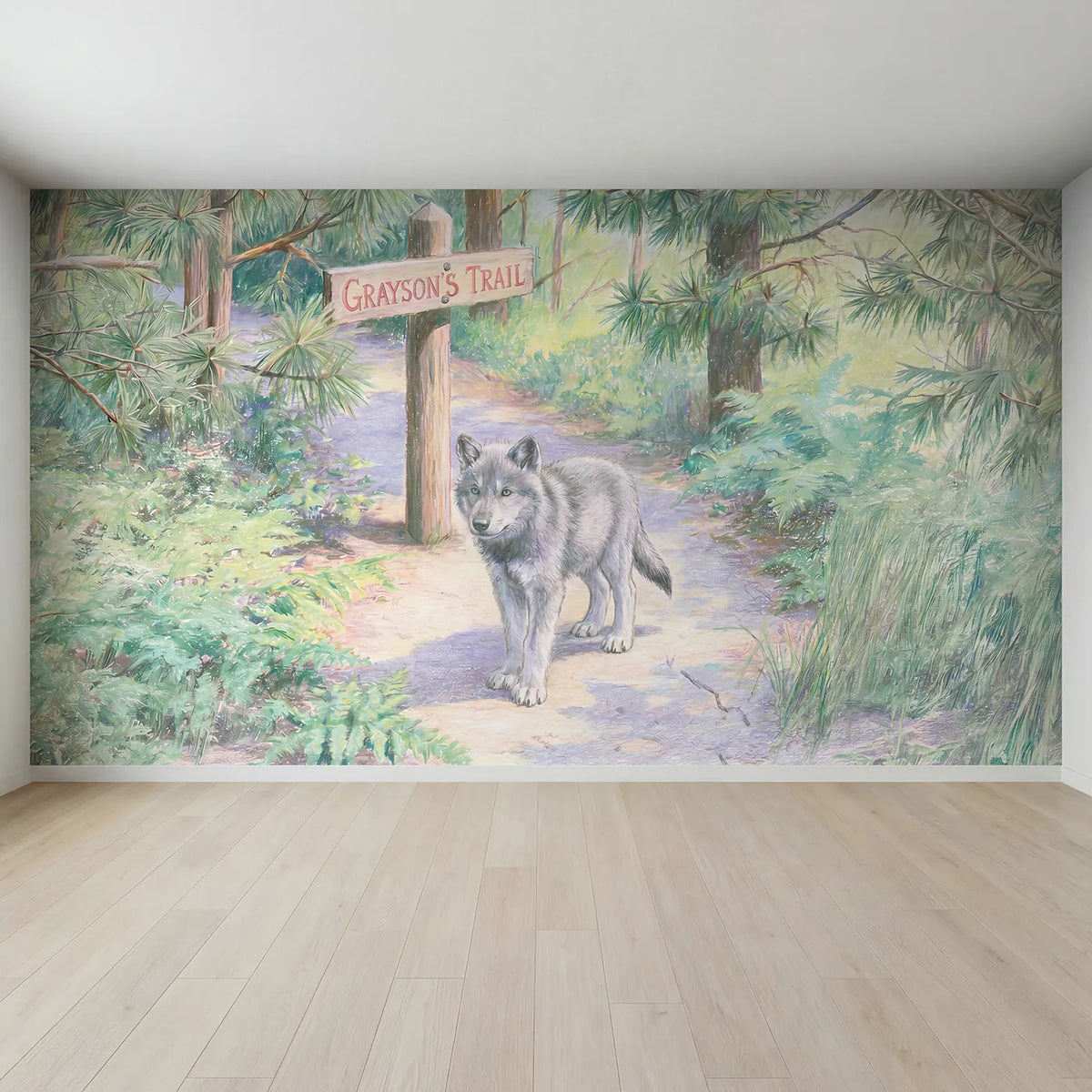 Full view of Wolf Pup Trail Personalized Wall Mural by Whimsy Tots
