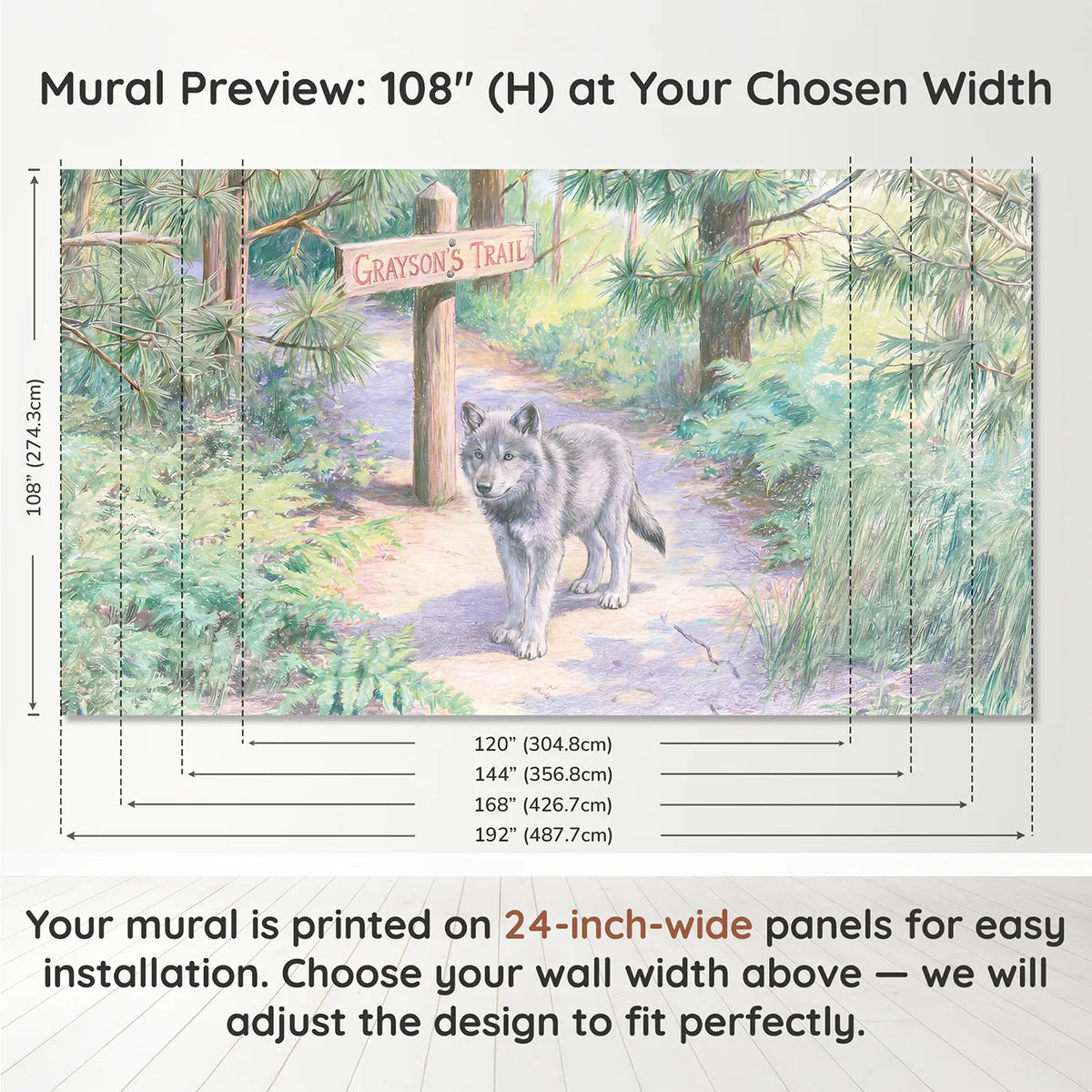 Panel layout and dimensions for Wolf Pup Trail Personalized Wall Mural by Whimsy Tots