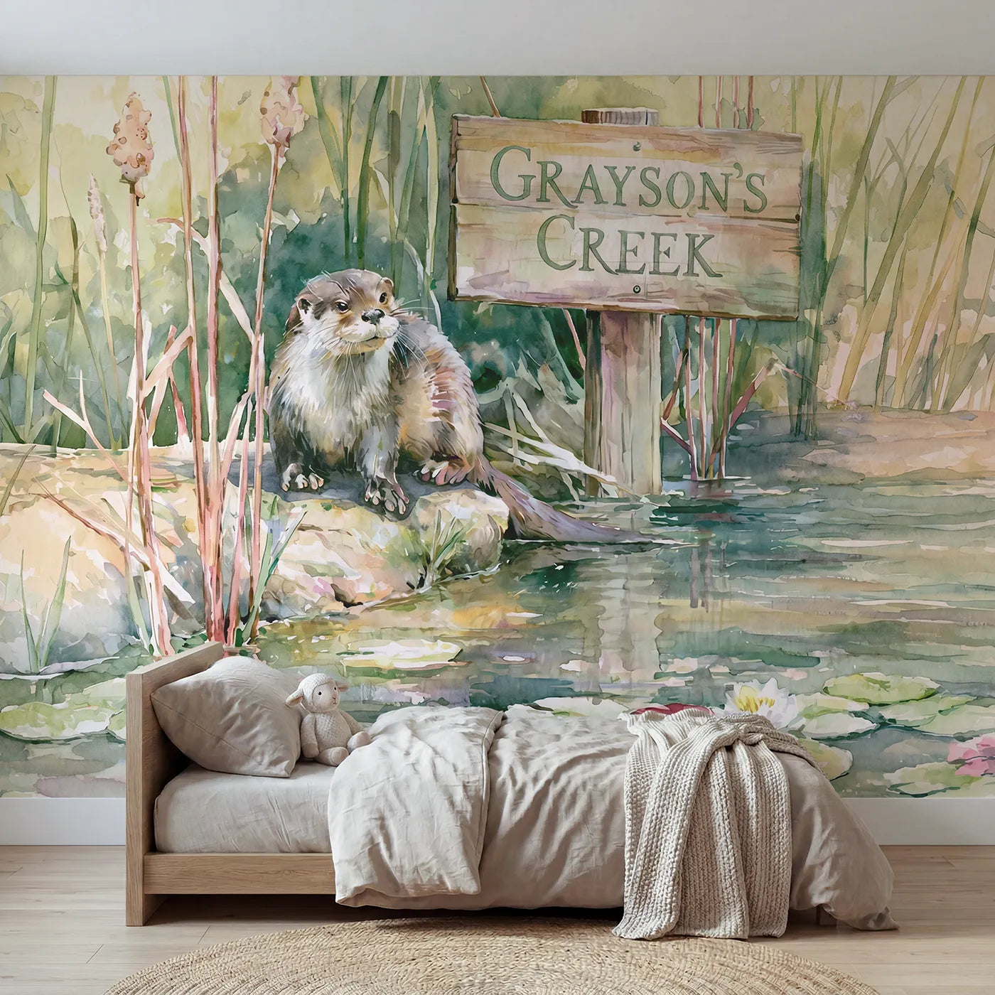 Watercolor river otter creek personalized wall mural with name sign for a kids room by Whimsy Tots