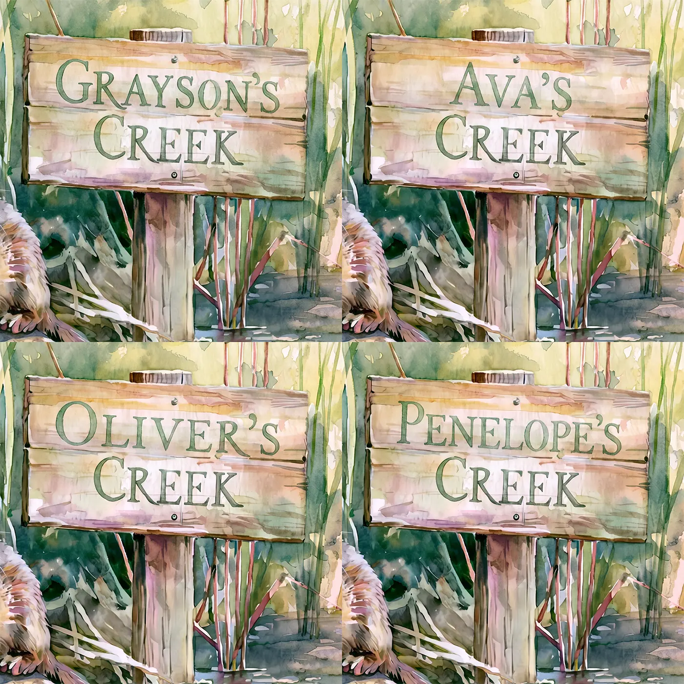 Four name preview examples of River Otter Creek Personalized Wall Mural by Whimsy Tots