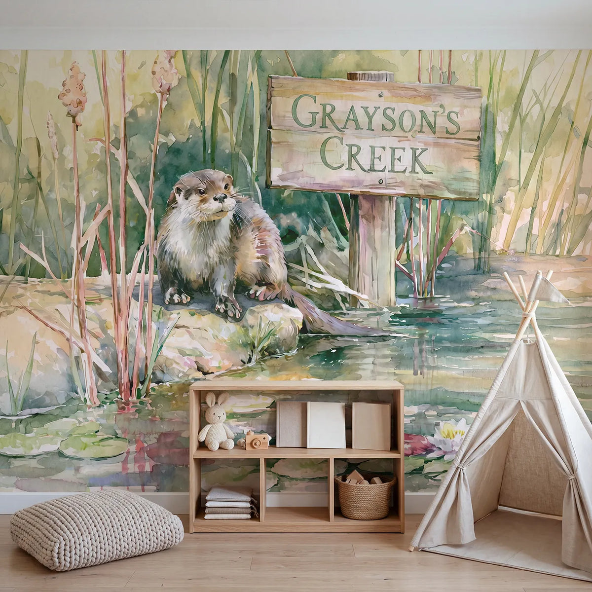 River Otter Creek Personalized Wall Mural in playroom setting by Whimsy Tots