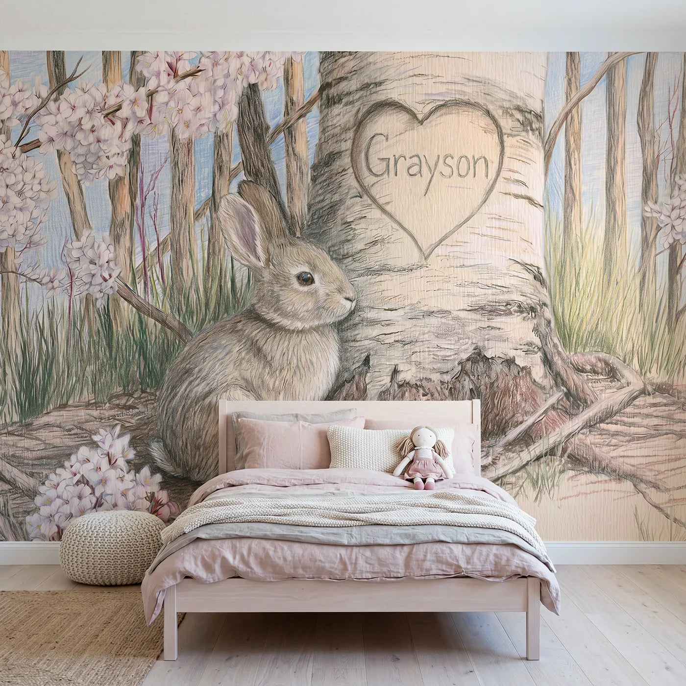 Colored Pencil bunny tree heart personalized wall mural with name for a kids room by Whimsy Tots